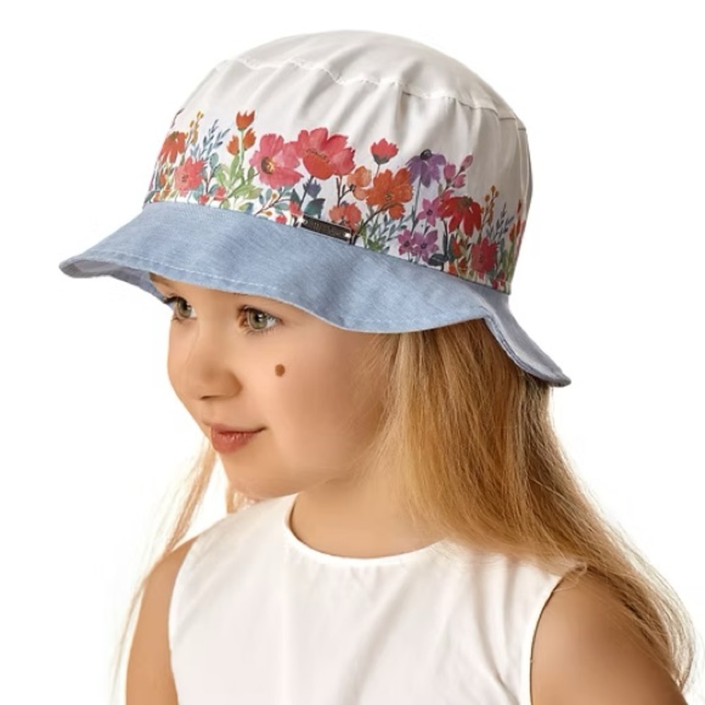 Cotton Summer Hats for Girls w Floral Print and Blue Brim